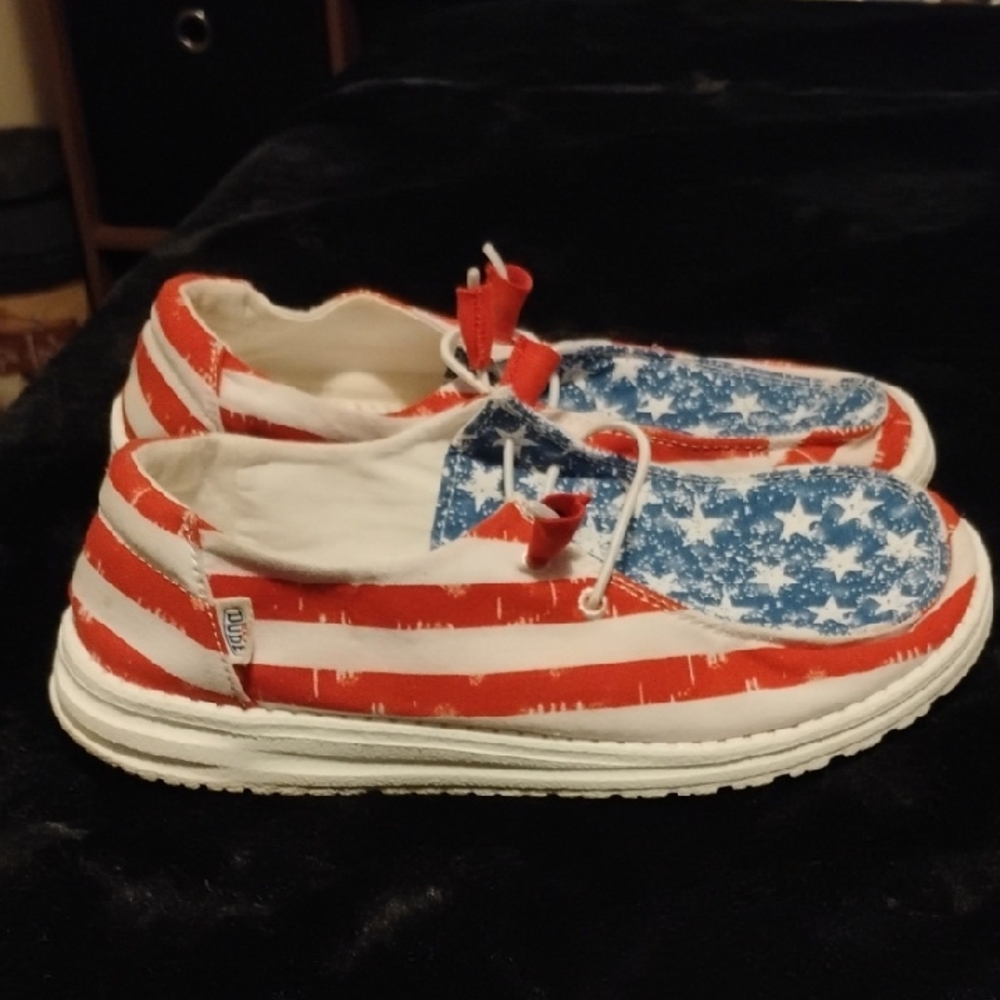 Hey Dude Sneakers in Red, White, and Blue